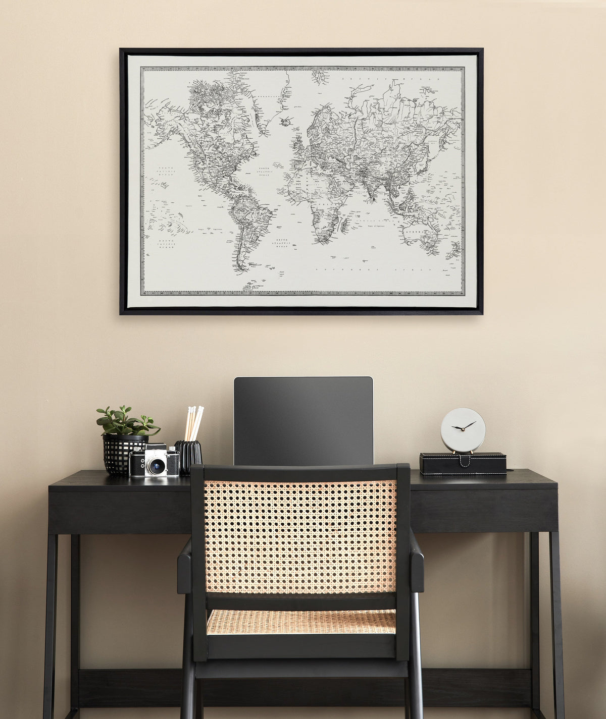 Sylvie Vintage Black and White World Map Framed Canvas by The Creative Bunch Studio