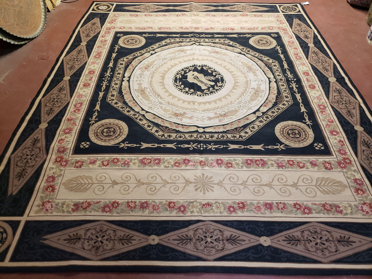 8x10 Woolen Needlepoint Rug Black European Savonnerie Carpet Circles Flat Weave Carpet Area Rug New Handmade Hand-Knotted Harp Flowers - Jewel Rugs, view 2