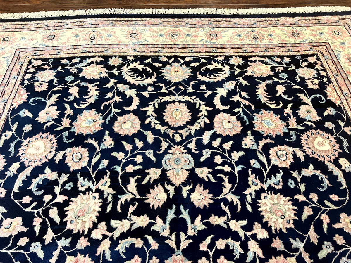 Indo Persian Rug 9x12, Navy Blue and Ivory/Cream, Floral Allover, Wool Vintage Handmade Carpet - Jewel Rugs, view 5