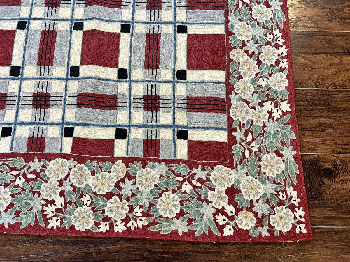 Indian Hand Stitched Rug 4x6, Vintage Carpet, Checkerboard Floral Pattern, Maroon Ivory, Flatweave, Wool - Jewel Rugs, view 10
