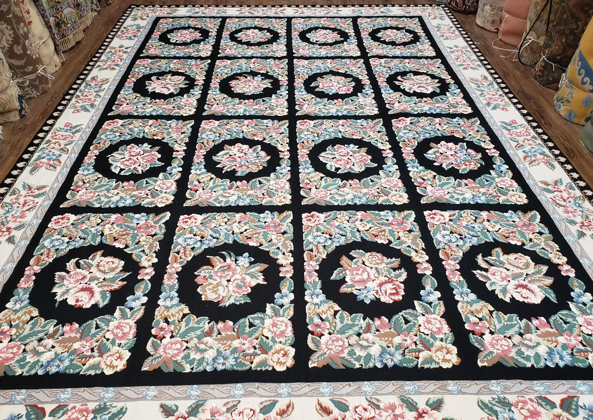 Floral Needlepoint Rug 9.5 x 13.6, Floral Panel Design, Black and Ivory Flatweave Aubusson Carpet, Multicolor - Jewel Rugs, view 2