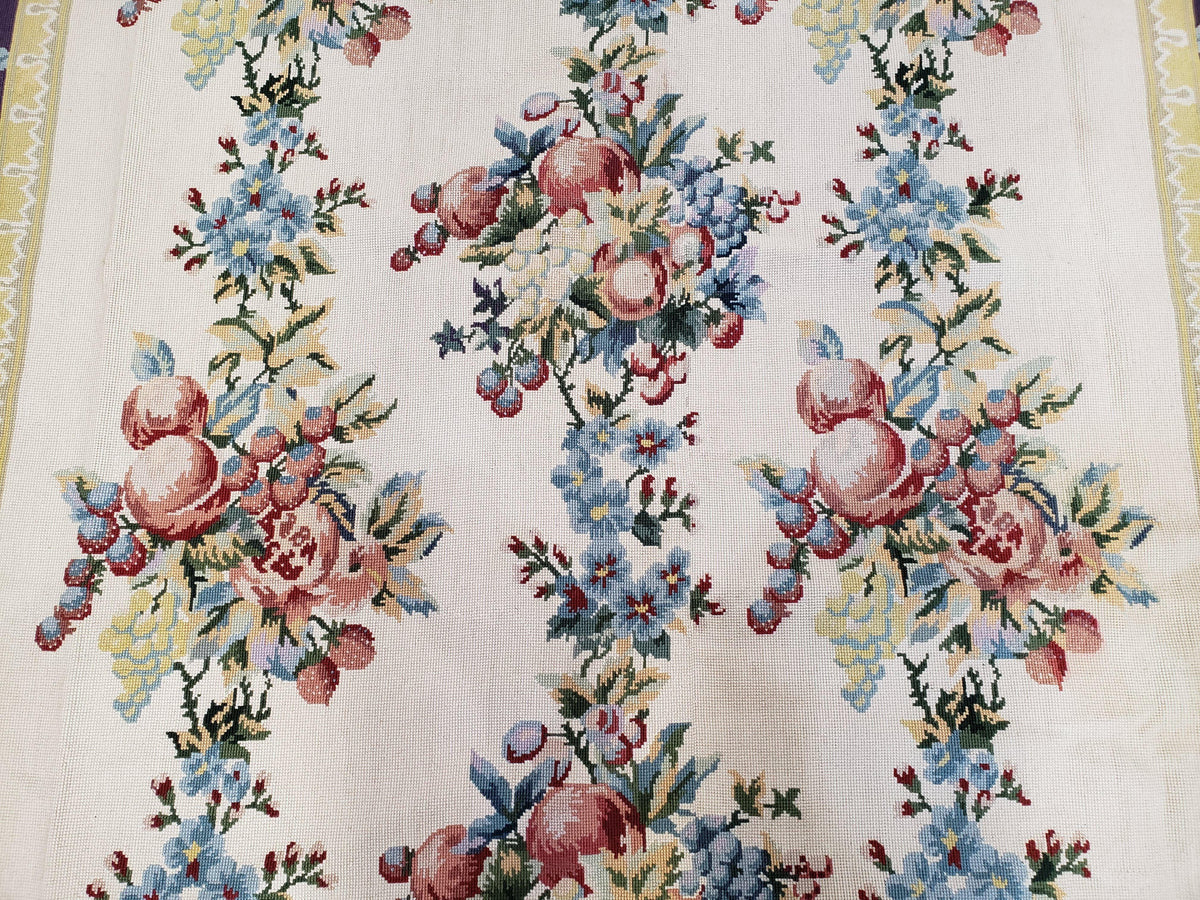 Vintage Chinese Floral Needlepoint Area Rug 6x9, Wool Hand-Woven Handmade Flatweave Rug, Ivory & Purple, Fruits Grapes Apples, Dining Room - Jewel Rugs, view 5