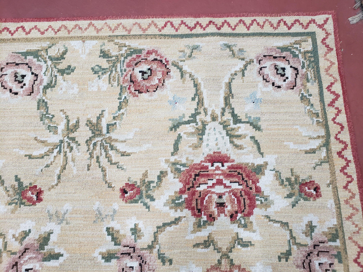 Needlepoint Rug 10x14 Wool Flatweave Carpet, English Floral Pattern, Pale Yellow, Roses, Allover Pattern, Handmade Large Needlepoint Nice - Jewel Rugs, view 8