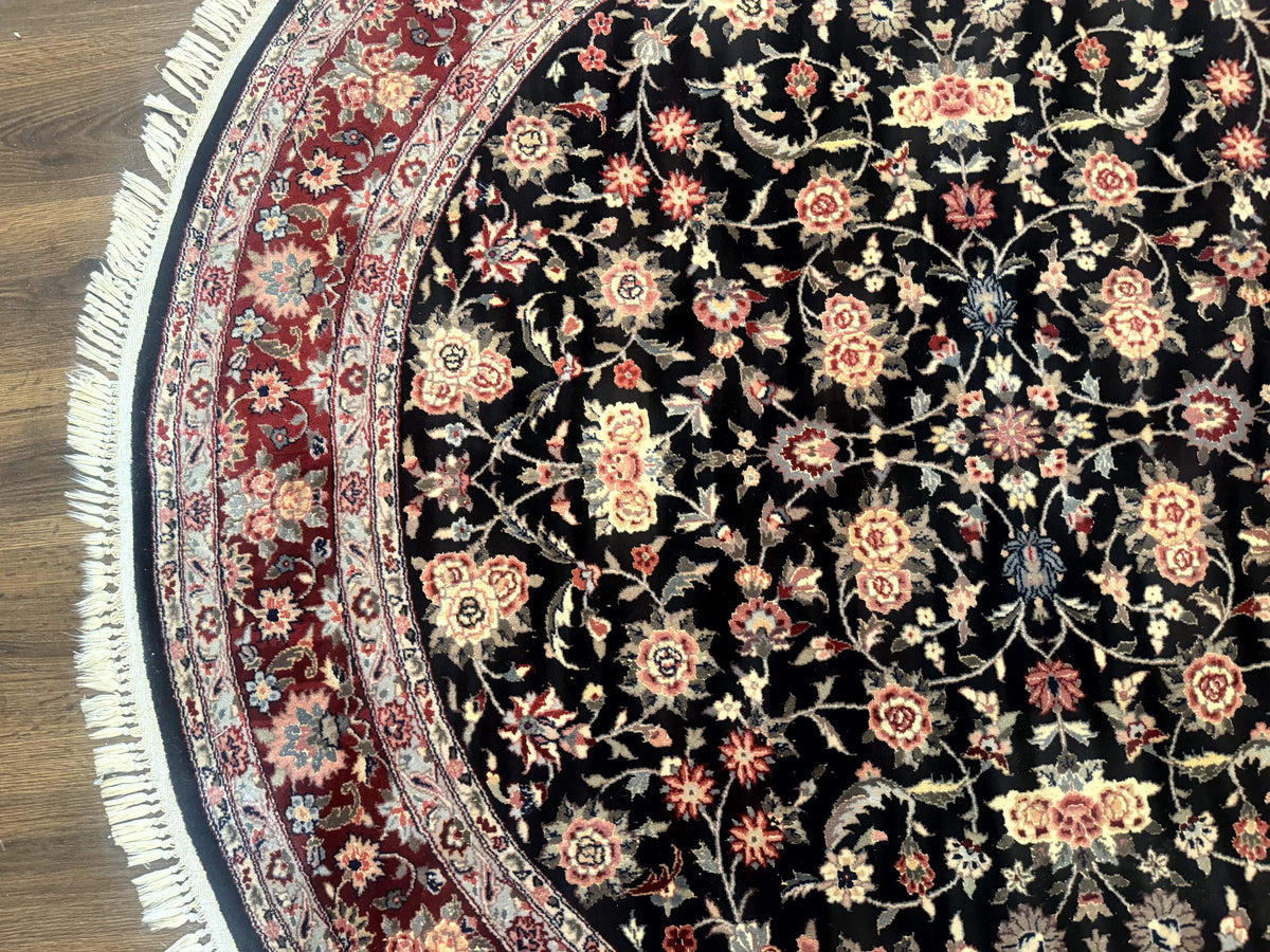 Round Sino Persian Rug 6x6, Floral, Navy Blue and Red, Wool and Silk Highlights - Jewel Rugs, view 6