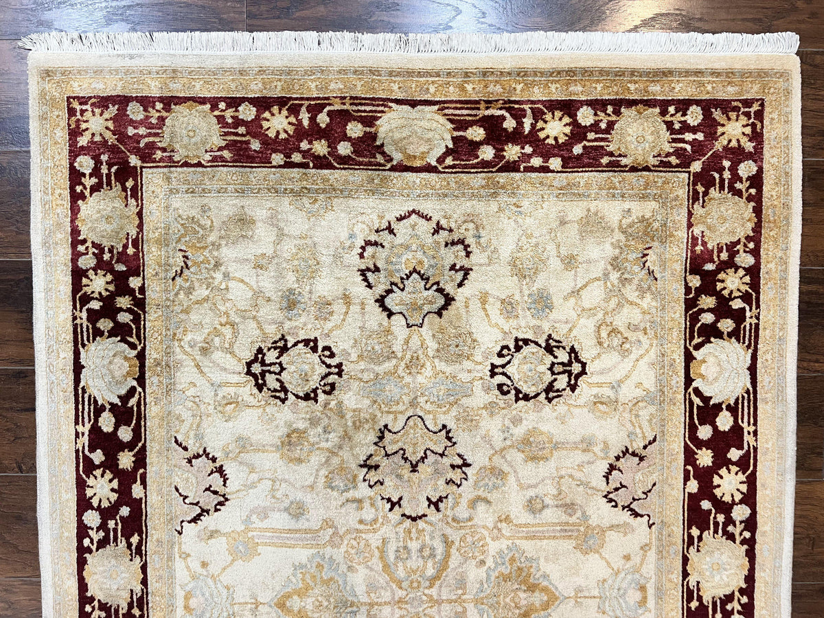 Peshawar Rug 5x7, Beige and Maroon, Vintage Handmade Wool Traditional Carpet 5 x 7 ft, Pakistani Rug, Agra Pattern, Very Fine 260 KPSI - Jewel Rugs, view 4
