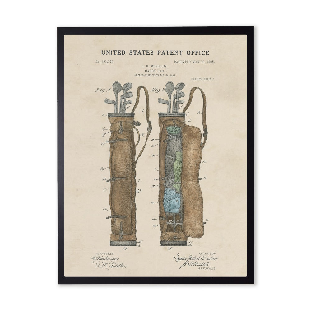 Golf Bag Patent in Black Frame - Antique Curiosities