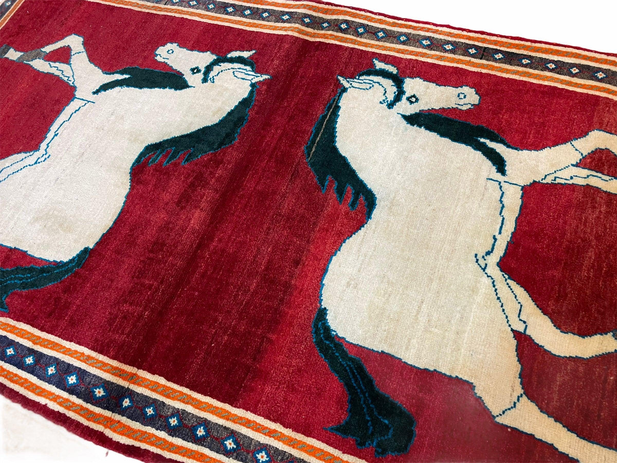 3.5 X 6 Handmade Hand-Knotted New Vintage Rug Quality Wool White Horses Red - Jewel Rugs, view 4