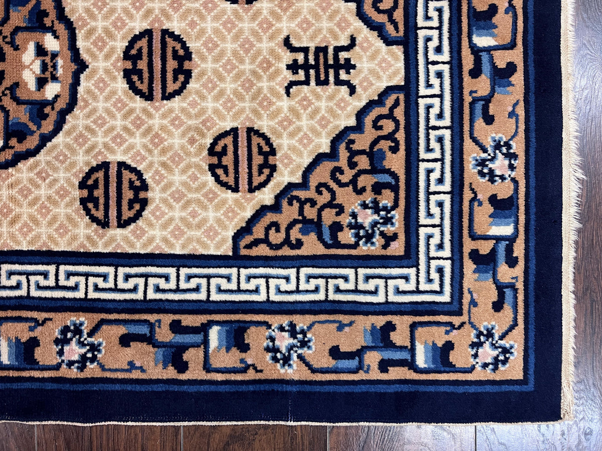 Chinese Peking Rug 3x5, Antique Chinese Art Deco Carpet, Blue Ivory Tan, Hand Knotted Wool Asian Oriental Rug 3 x 5 Vintage Small Peking Rug - Jewel Rugs, view 9