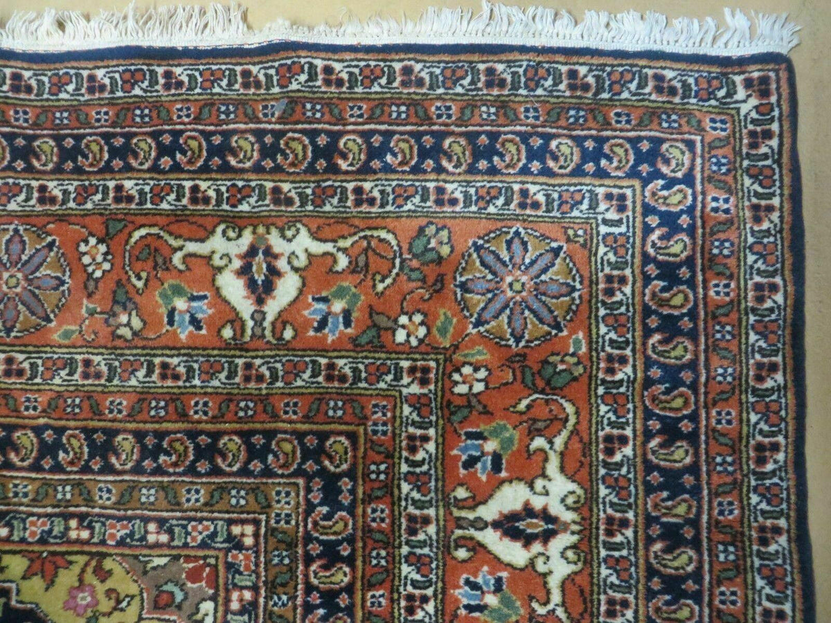 Indo Persian Rug 9x12, Semi Open Field Medallion, Ivory Tomato Red Navy Blue, Hand Knotted Indian Oriental Wool Carpet 9 x 12 ft, Room Sized - Jewel Rugs, view 8