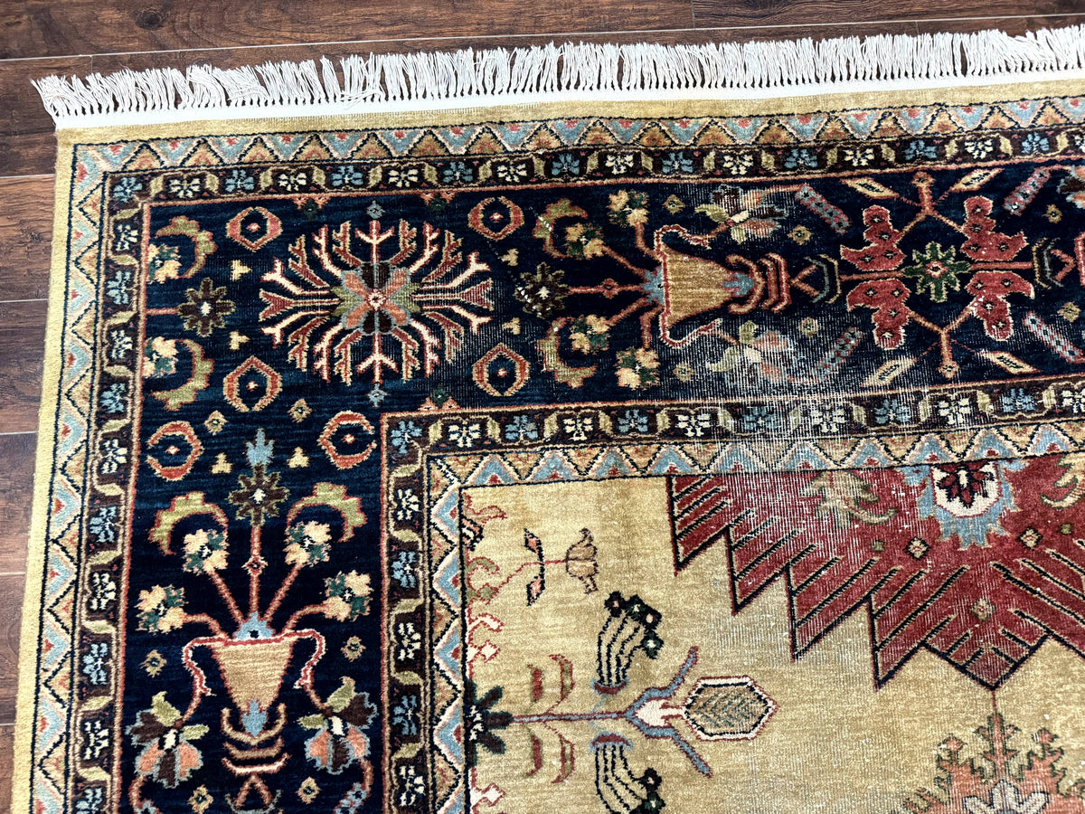 Indo Persian Heriz Rug 8x12, Camel Hair Tan and Navy Blue, Decorative - Jewel Rugs, view 7