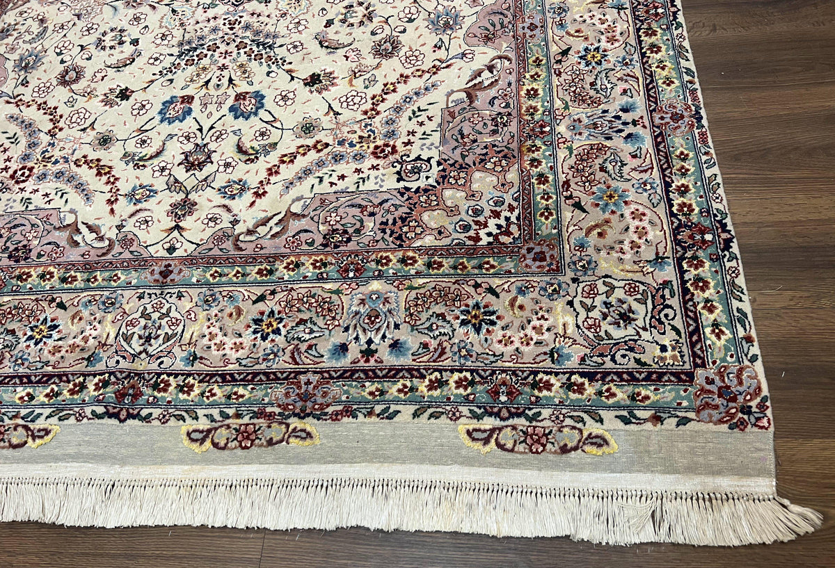 Beautiful Pak Persian Rug 6x9, Floral Medallion, Wool and Silk, Highly Detailed Elegant Carpet, Vintage Oriental Rug 6 x 9, Cream and Gray - Jewel Rugs, view 9