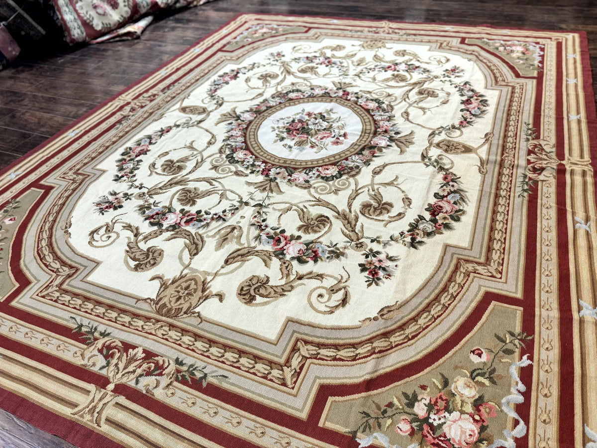 Aubusson Needlepoint Rug 9x11, Handmade Vintage Wool Flatweave Carpet, Elegant European Rug, Floral, Cream - Jewel Rugs, view 3