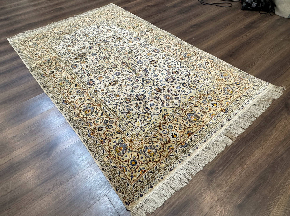 Rare Silk Persian Kashan Rug 4.6 x 7, Antique Fine 310 KPSI, Ivory - Jewel Rugs, view 12