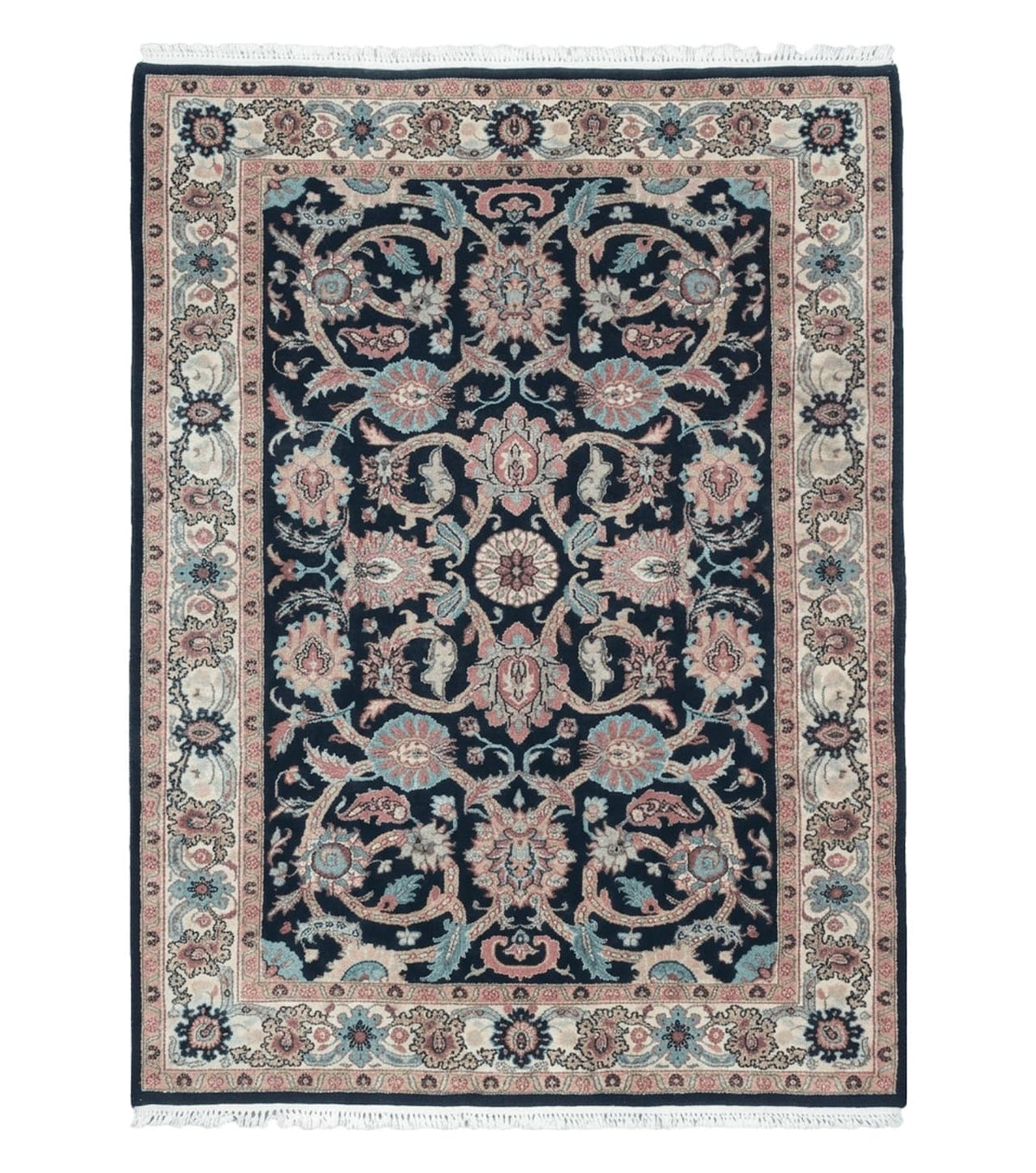 Vintage Indo Persian Mahal Area Rug 4x6, Wool Hand-Knotted Midnight Blue & Ivory Floral Design Indian Carpet, 4 x 6 Traditional Oriental Rug - Jewel Rugs