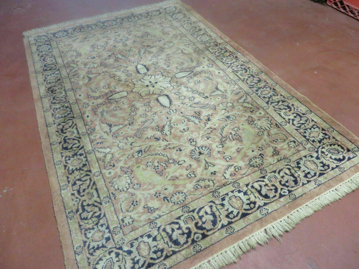 Indian Silk Rug 4x6, Indian Kashmiri Silk Carpet 4 x 6 ft, Vintage Hand Knotted Floral Bird Motifs, Light Pink and Navy Blue, Silk on Cotton - Jewel Rugs, view 3