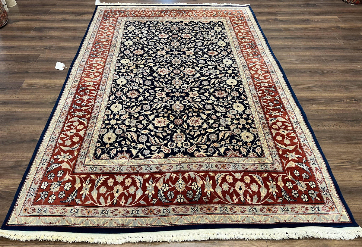 Indo Sarouk Rug 6x9, Vintage Indian Persian Rug, Wool Oriental Carpet, Navy Blue Red Allover Floral Rug, Traditional Very Fine Rug, Area Rug - Jewel Rugs, view 2