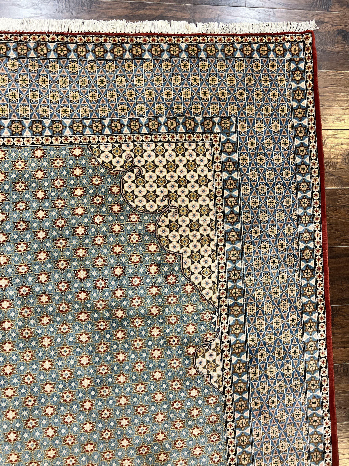 Rare Persian Rug 8x12, Qum Rug, Repeated Star Motifs, Blue and Ivory, Fine 300 KPSI, Hand Knotted Handmade Vintage Wool Rug - Jewel Rugs, view 7