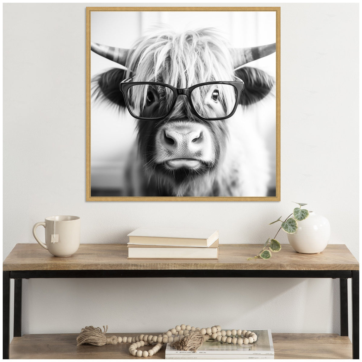 Sylvie Black and White Highland Cow in Reading Glasses Framed Canvas by The Creative Bunch Studio