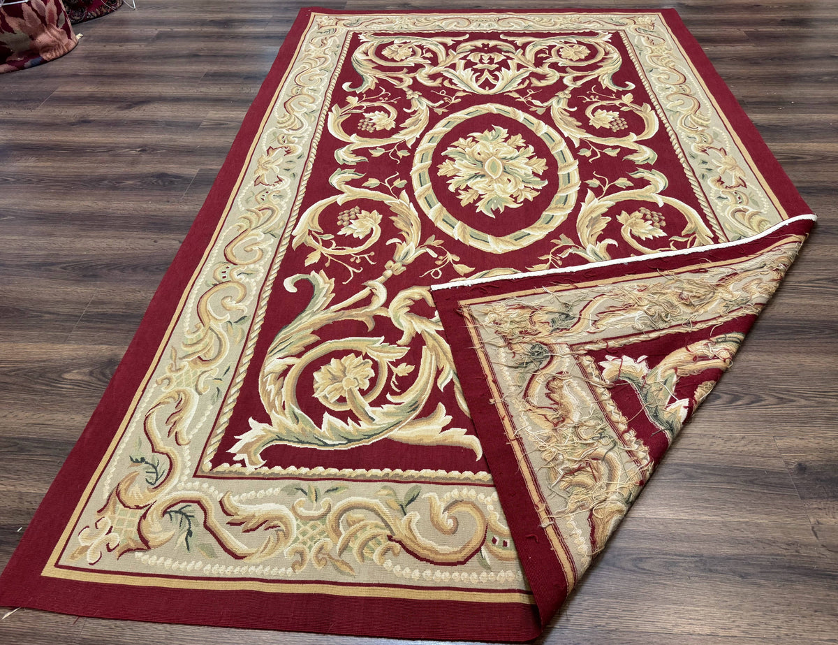 Burgundy Aubusson Rug 6x9, Vintage Wool Carpet - Jewel Rugs, view 12