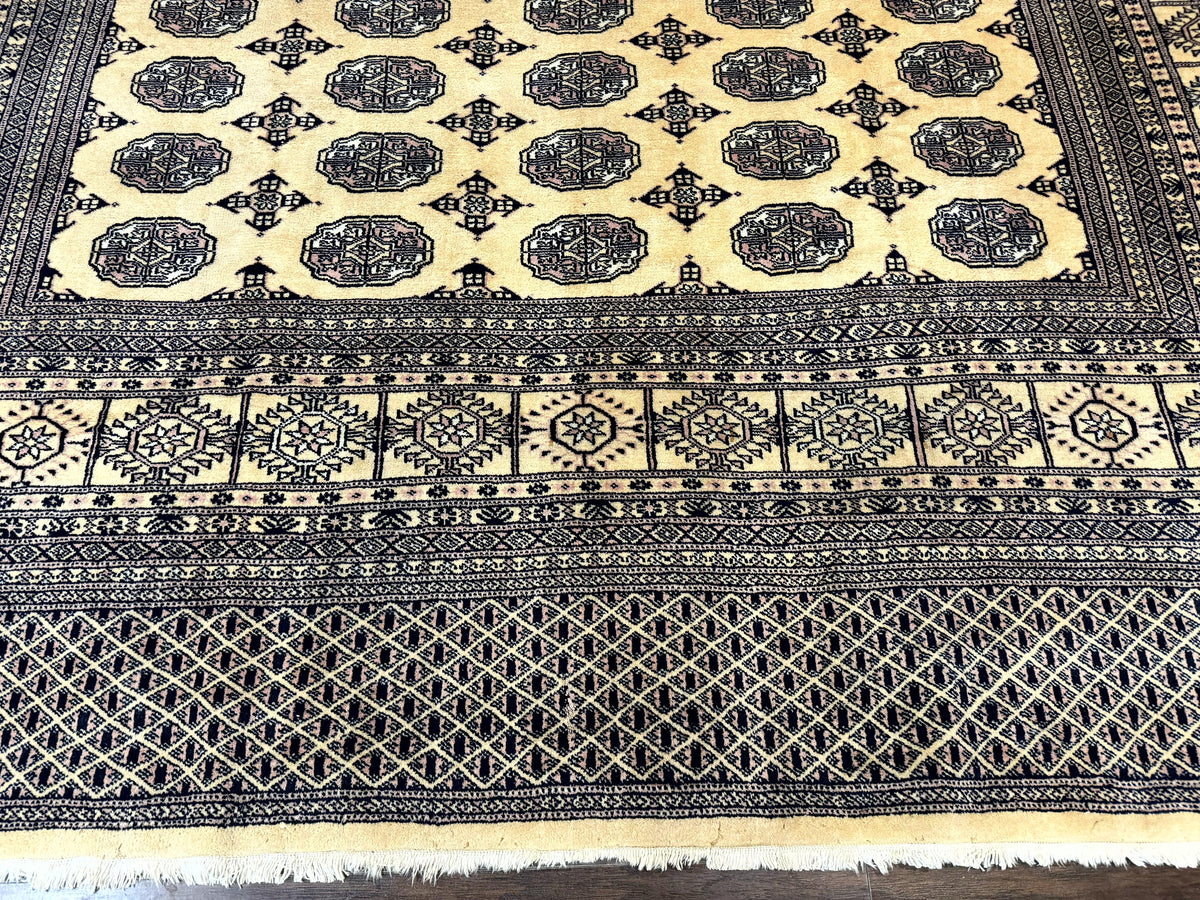Pakistani Bokhara Turkoman Rug 9x11, Cream, Handmade Wool Vintage Carpet - Jewel Rugs, view 5