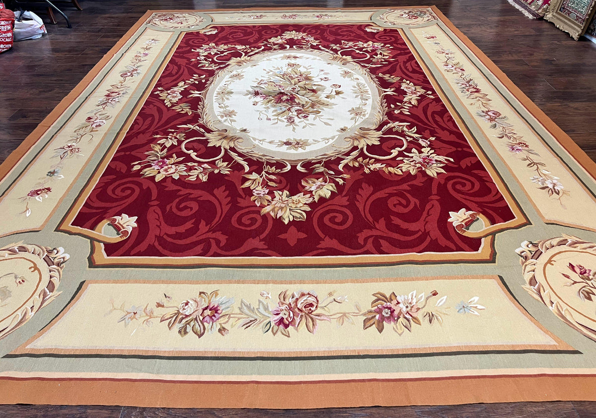 Large Aubusson Rug 10x14, Wool Handmade Vintage Carpet, Dark Red Ivory Tan, French European Elegant Aubusson Weave Rug - Jewel Rugs, view 2