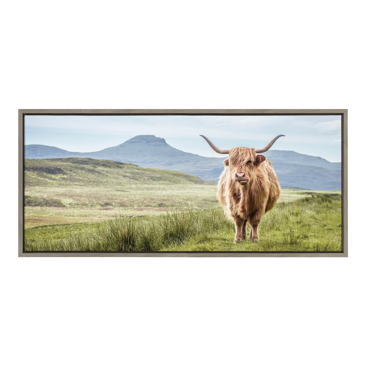 Sylvie Highland Cow Mountain Landscape Framed Canvas by The Creative Bunch Studio