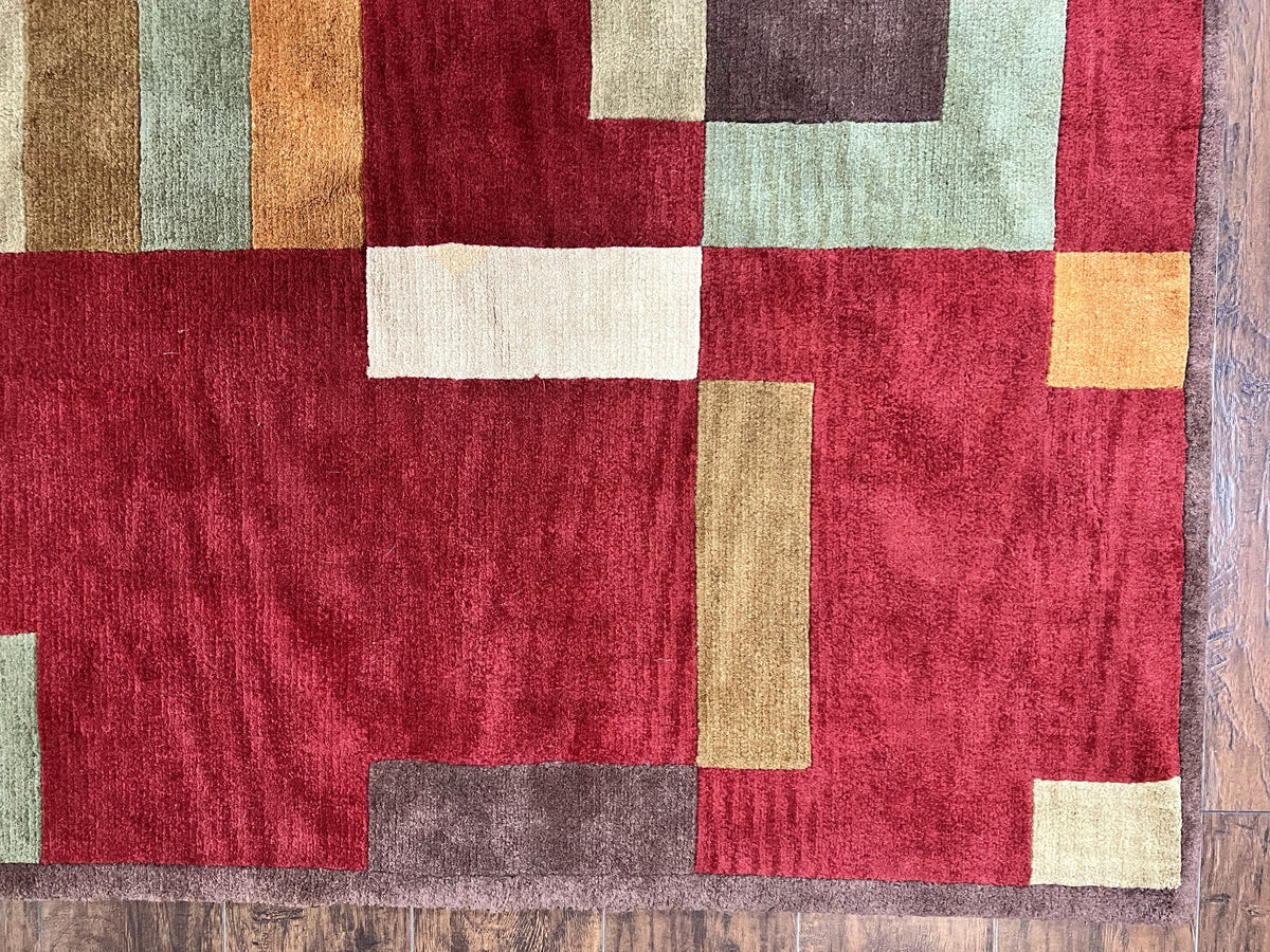 Indo Tibetan Modern Rug 5x8, Abstract Rug 5 x 8 ft, Red Multicolor Wool Handmade Contemporary Area Rug - Jewel Rugs, view 10