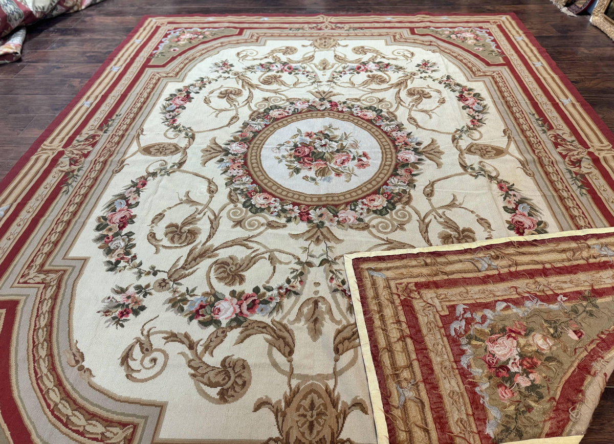 Aubusson Needlepoint Rug 9x11, Handmade Vintage Wool Flatweave Carpet, Elegant European Rug, Floral, Cream - Jewel Rugs, view 12