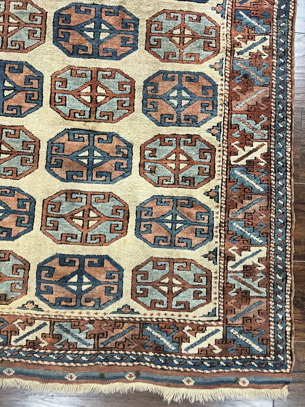 Turkish Kazak Rug 3x4, Wool Hand Knotted Handmade Vintage Carpet, Geometric Tribal Repeated Motif, Small 3 x 4 Antique Rug, Cream Red - Jewel Rugs, view 9