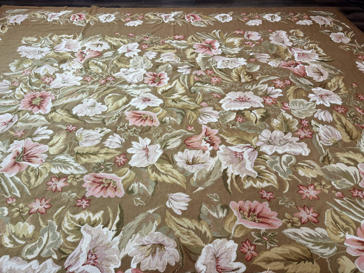 Large Needlepoint Rug 11x14, Vintage Floral Wool Carpet, Caramel - Jewel Rugs, view 4