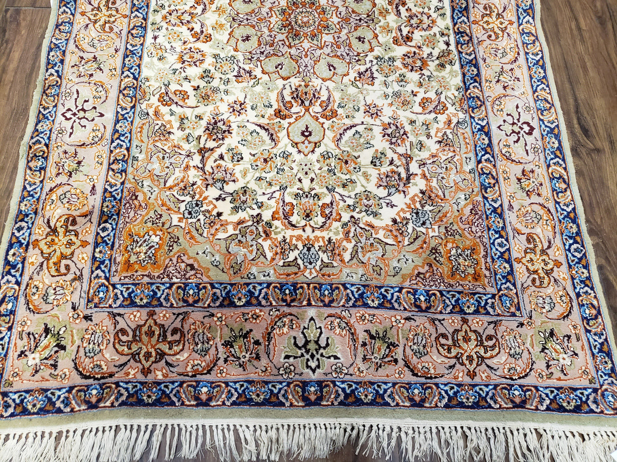 Vintage Persian Isfahan Lachak Toranj Rug, Highly Detailed, Kork Wool on Silk Foundation, Beige and Dark Blue, Hand-Knotted, 3'6" x 5' 4" - Jewel Rugs, view 6