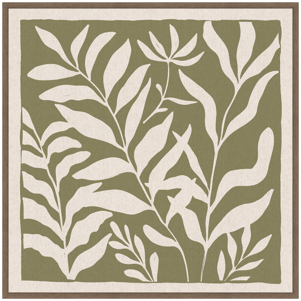 Sylvie Modern Minimalist Botanical Green and Neutral Linen Framed Canvas by The Creative Bunch Studio