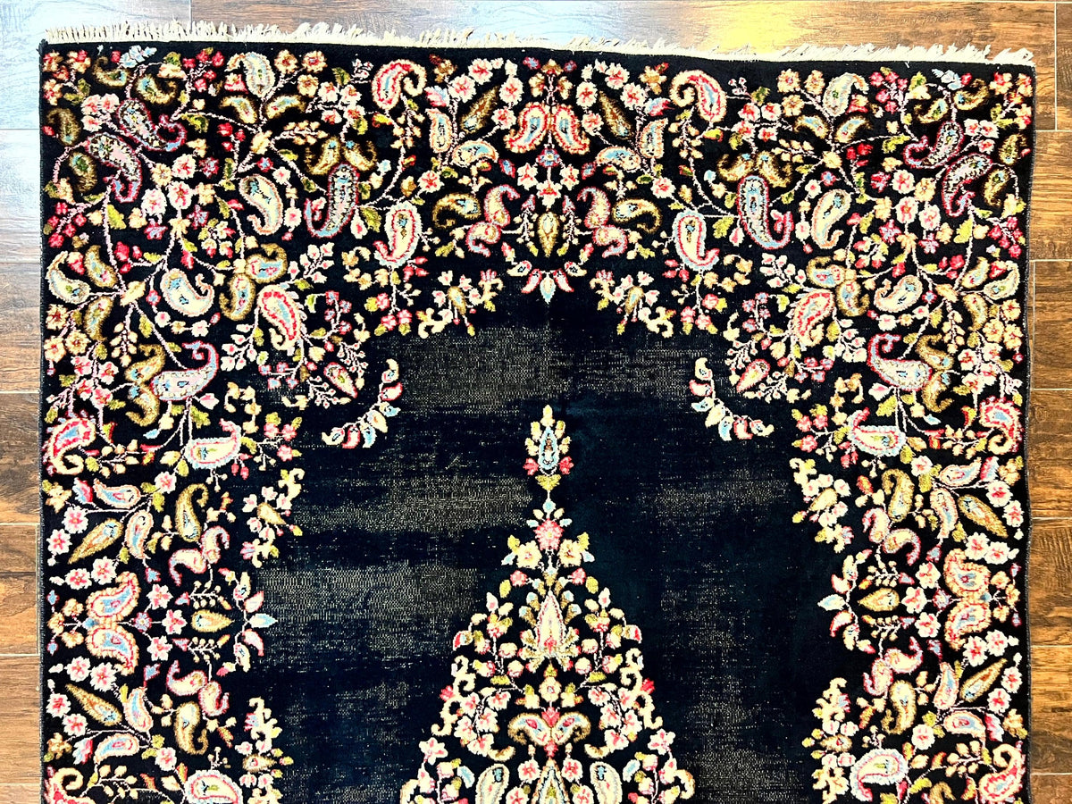 Antique Persian Kirman Rug 5x8, Floral Kirman, Midnight Blue/Black, Semi Open Field, Handmade Vintage Wool Carpet - Jewel Rugs, view 4