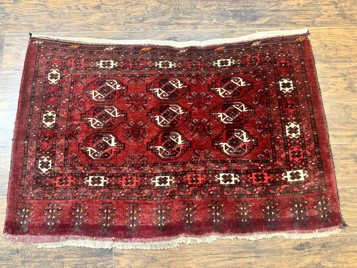 Antique Afghan Turkoman Mafrash Rug 3x5, Red, Hand Knotted, Wool, Tribal Collectible - Jewel Rugs