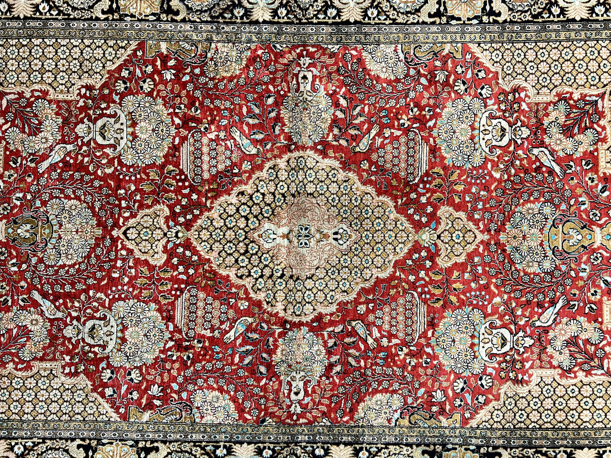 Wonderful Persian Silk Rug 5x7, Birds Floral Vases, Red, Hand Knotted Silk Fine Oriental Carpet, Handmade Vintage, Persian Qum Rug, 400 KPSI - Jewel Rugs, view 4