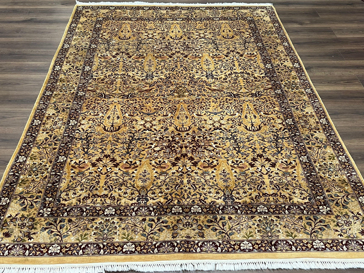 Pretty Indo Persian Rug 6x9, Allover Floral Motif with Birds, Tan/Cream, Very Fine Oriental Carpet, Hand Knotted Vintage Indian Wool Rug - Jewel Rugs