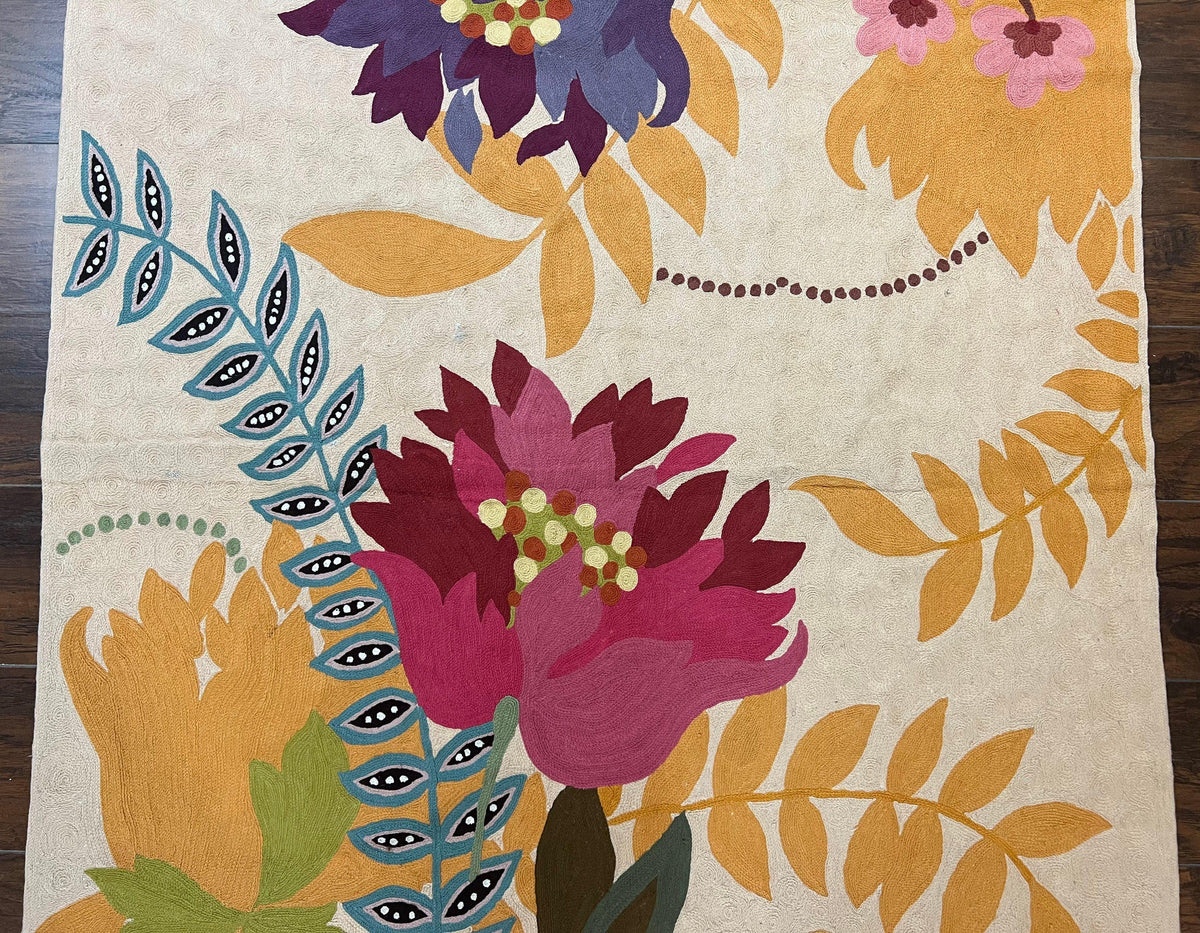 Indian Chain Stitched Rug 4x6, Hand Stitched Indian Embroidery Carpet, Large Floral Design, Contemporary, Cream and Colorful Flowers, Wool - Jewel Rugs, view 4