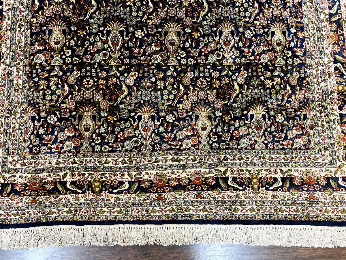 Silk Indian Kashmiri Rug 5x7, Navy Blue Indo Persian Silk Carpet 5 x 7 ft, Hand Knotted Handmade Very Fine Oriental Carpet, 450 KPSI, Birds - Jewel Rugs, view 5