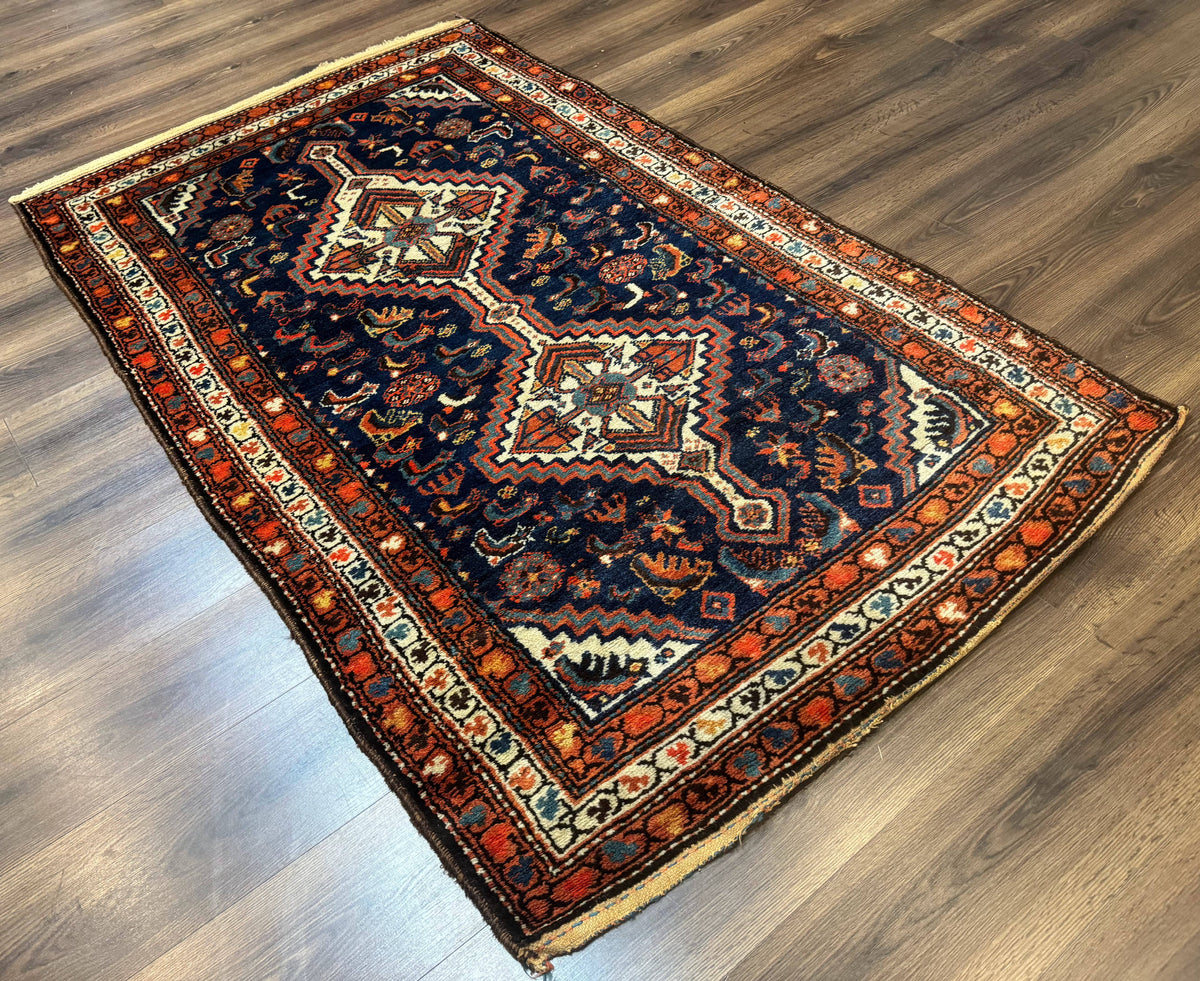 Antique Persian Hamadan Rug 4x6, Geometric, Double Medallions, Navy Blue, Tribal Carpet - Jewel Rugs, view 13
