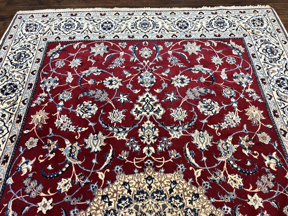 Persian Nain Rug 6x10, Wool and Silk Highlights, Red and Ivory, Floral Medallion, Vintage Handmade Hand Knotted, Fine 225 KPSI, Traditional Rug - Jewel Rugs, view 3
