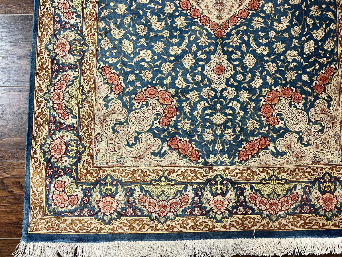 Magnificent Persian Qum Silk Rug 3x5, Blue, Super Fine 675 KPSI - 70 Raj, Floral Roses, Handmade Vintage Silk Carpet, Masterpiece - Jewel Rugs, view 8