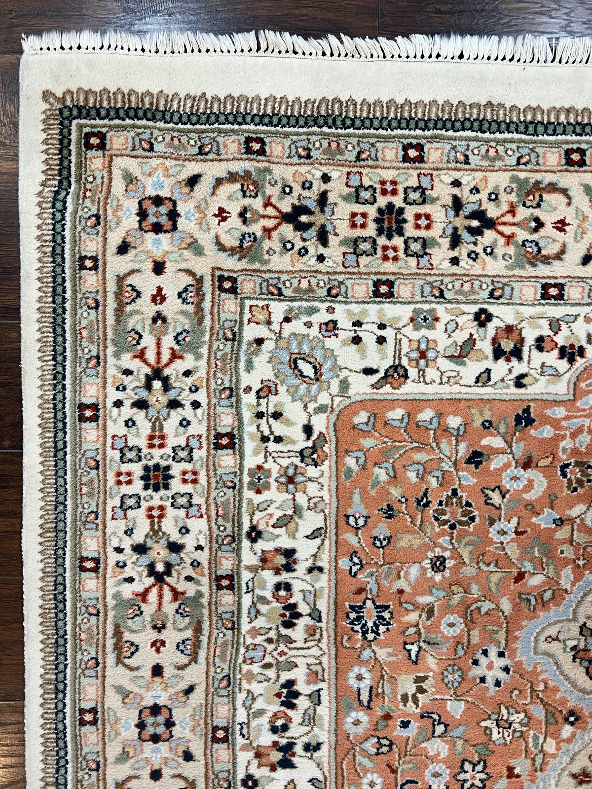 Indo Persian Rug 6x9, Wool Hand Knotted Vintage Carpet, Salmon & Ivory, Traditional Oriental Rug 6 x 9 - Jewel Rugs, view 7
