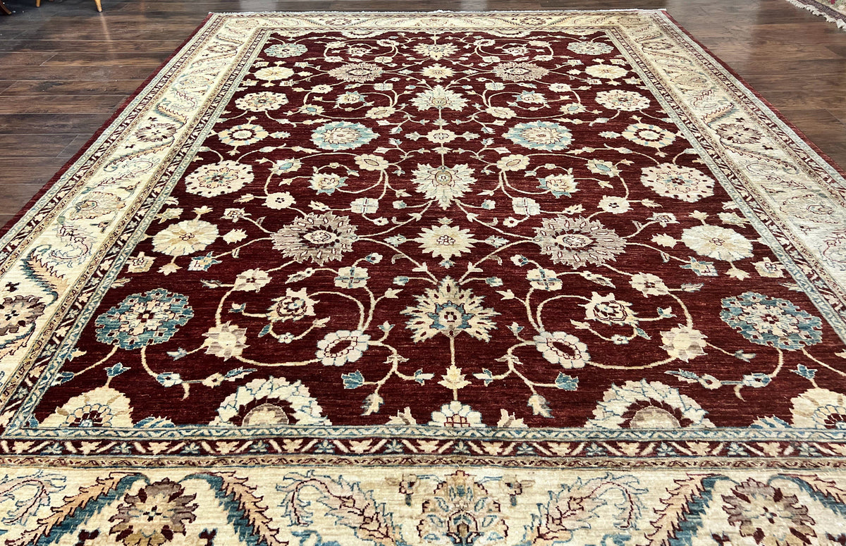 Peshawar Rug 9x11, Pakistani Oriental Carpet, Maroon and Beige, Floral Allover, Wool Hand Knotted Handmade Vintage Rug - Jewel Rugs, view 12