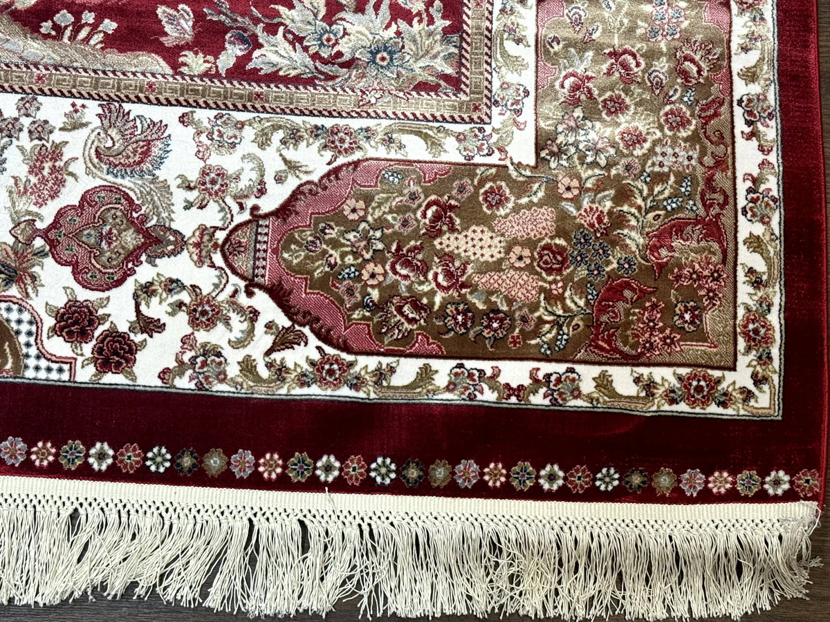 Turkish Silk Hunting Scene Rug 5 x 7.6, Red & Ivory, Bamboo Silk, New - Jewel Rugs, view 9