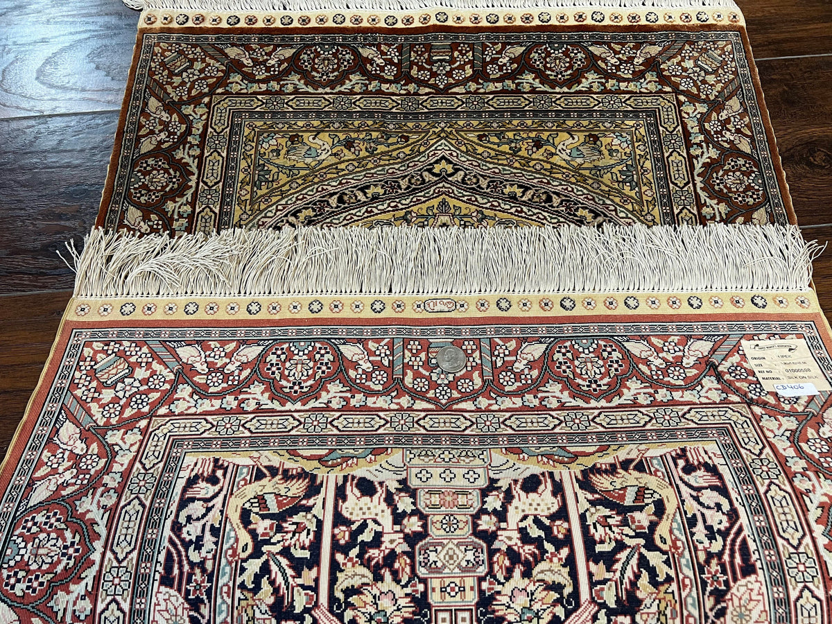 Turkish Silk Hereke Rug 2x3, Floral Vase Tree of Life Birds, Silk Pile on Silk Foundation, Vintage Oriental Carpet, Very Fine, Signature - Jewel Rugs, view 12