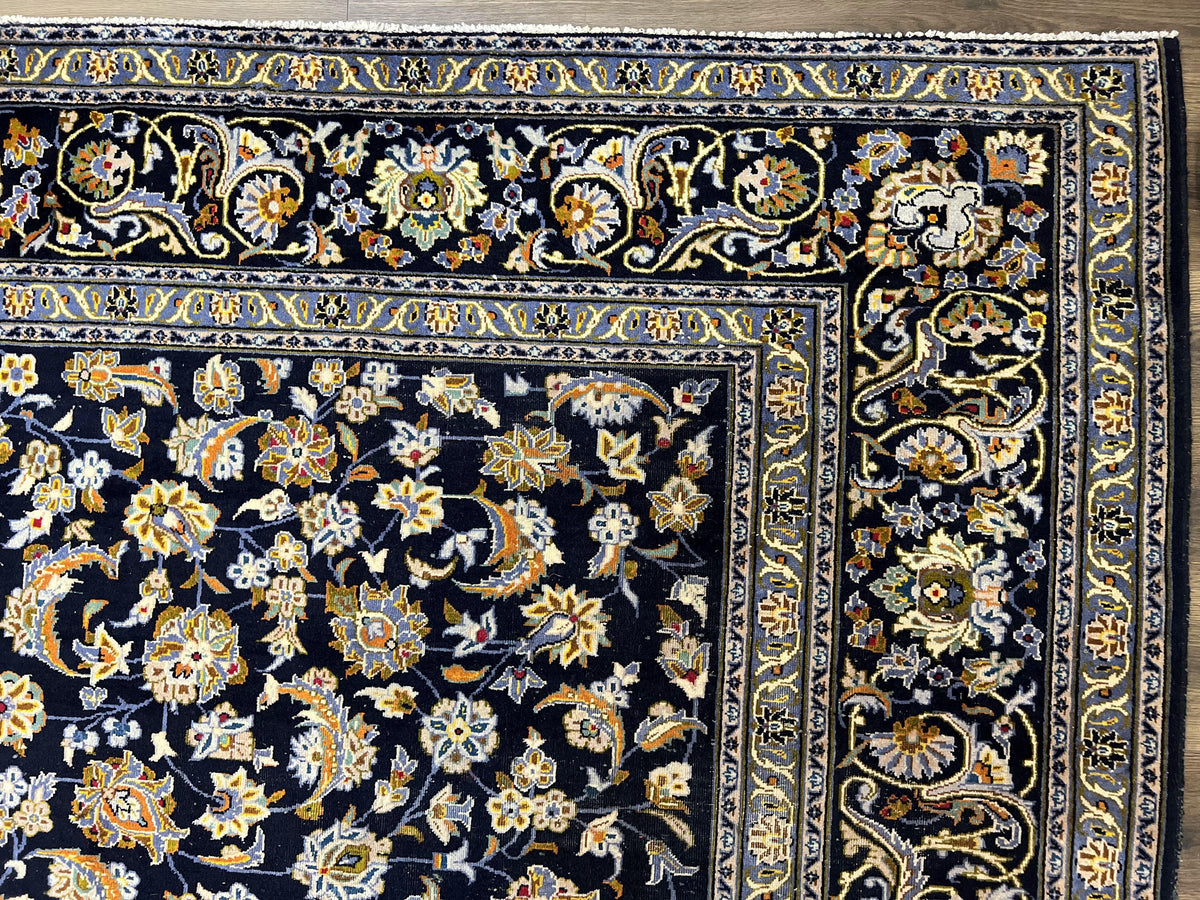Wonderful Navy Blue Persian Kashan Rug 11x13, Allover Floral Design with Central Medallion, Wool Hand-Knotted Antique Carpet, Signed Rabani Rug - Jewel Rugs, view 7