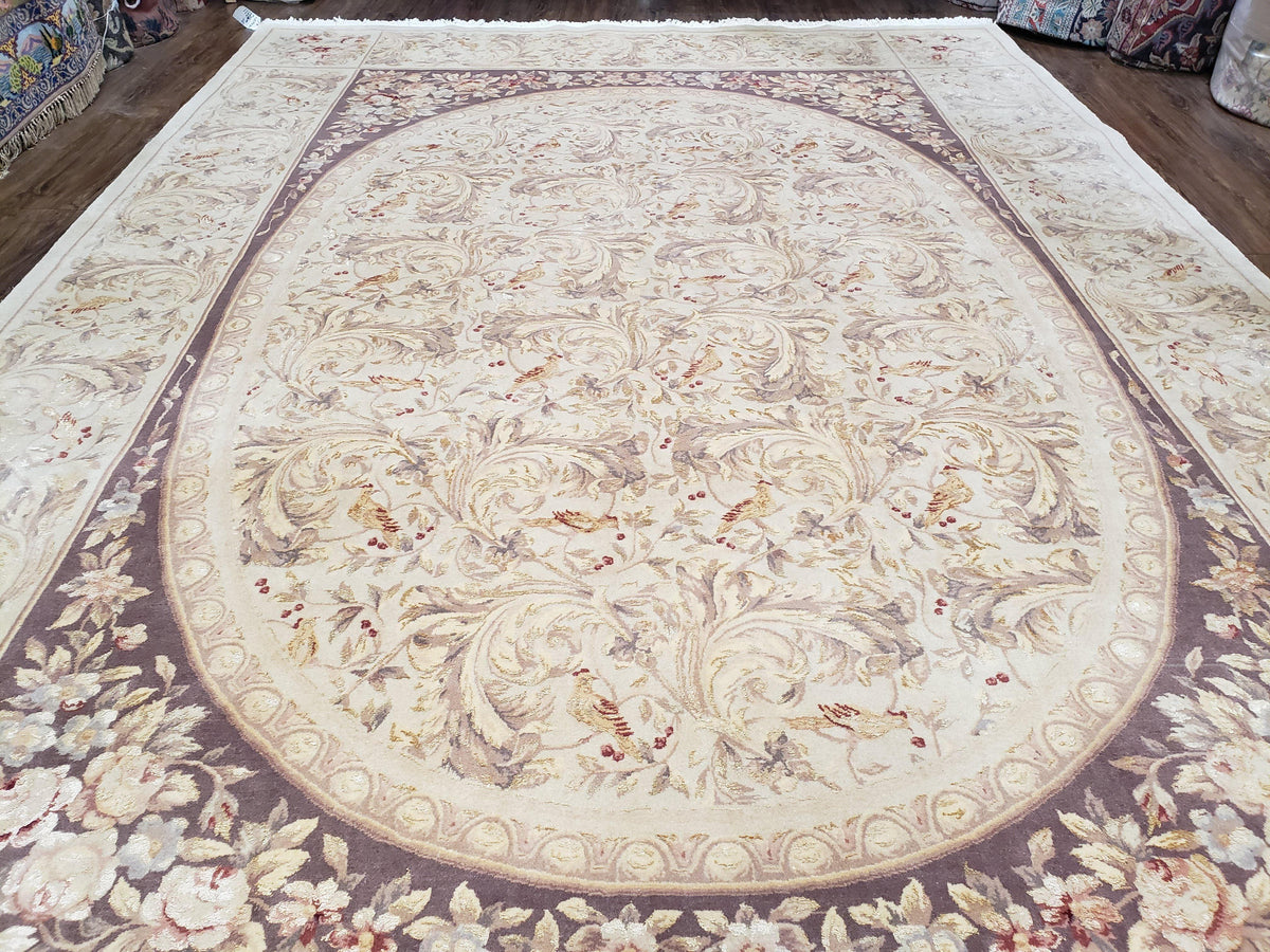 Chinese Aubusson Savonnerie Area Rug 8x12, Vintage 120 Line Carpet, Wool and Silk Hand-Knotted, Birds Flowers Master Weaver Signature - Jewel Rugs, view 4