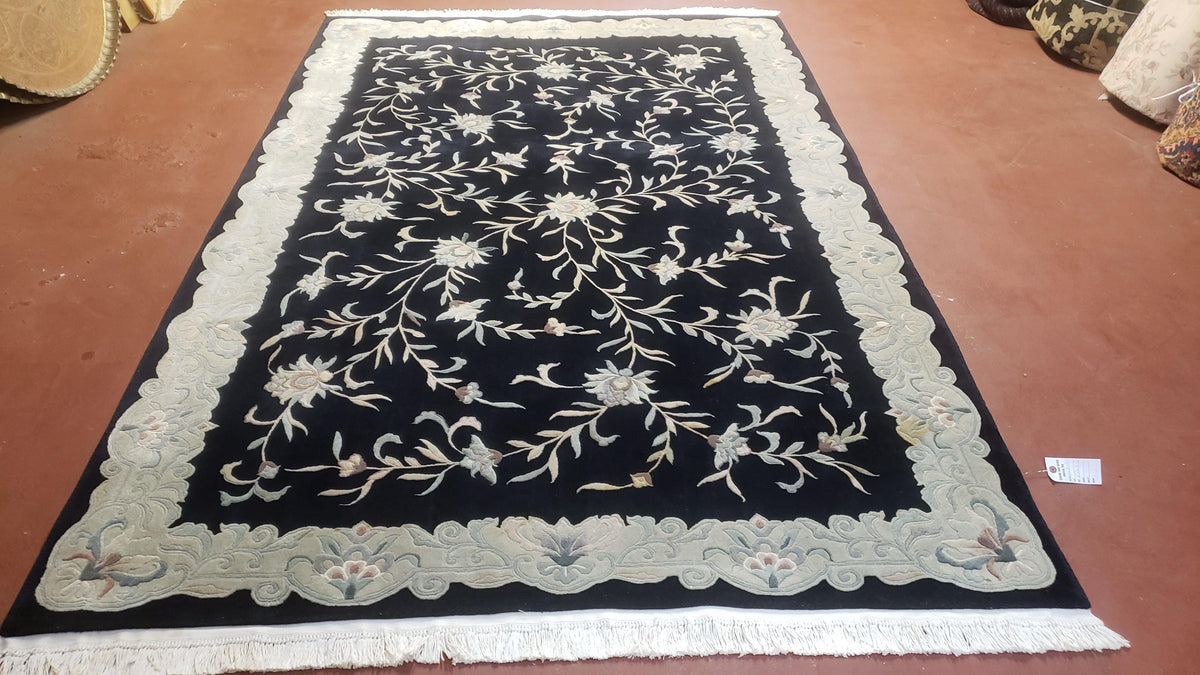 6x9 Vintage Black Gray Chinese Rug 120 Lines Wool Carpet Floral Design Hand-Knotted Soft Pile Entryway Rug Foyer Rug Nice - Jewel Rugs, view 2
