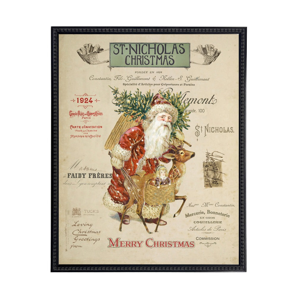 Vintage Painting of Santa on a distressed bookplate background - Antique Curiosities