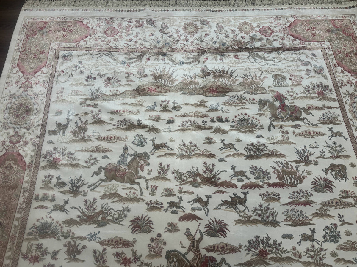 Large Turkish Silk Rug 8x10, Ivory, Hunting Design, Bamboo Silk, New - Jewel Rugs, view 4